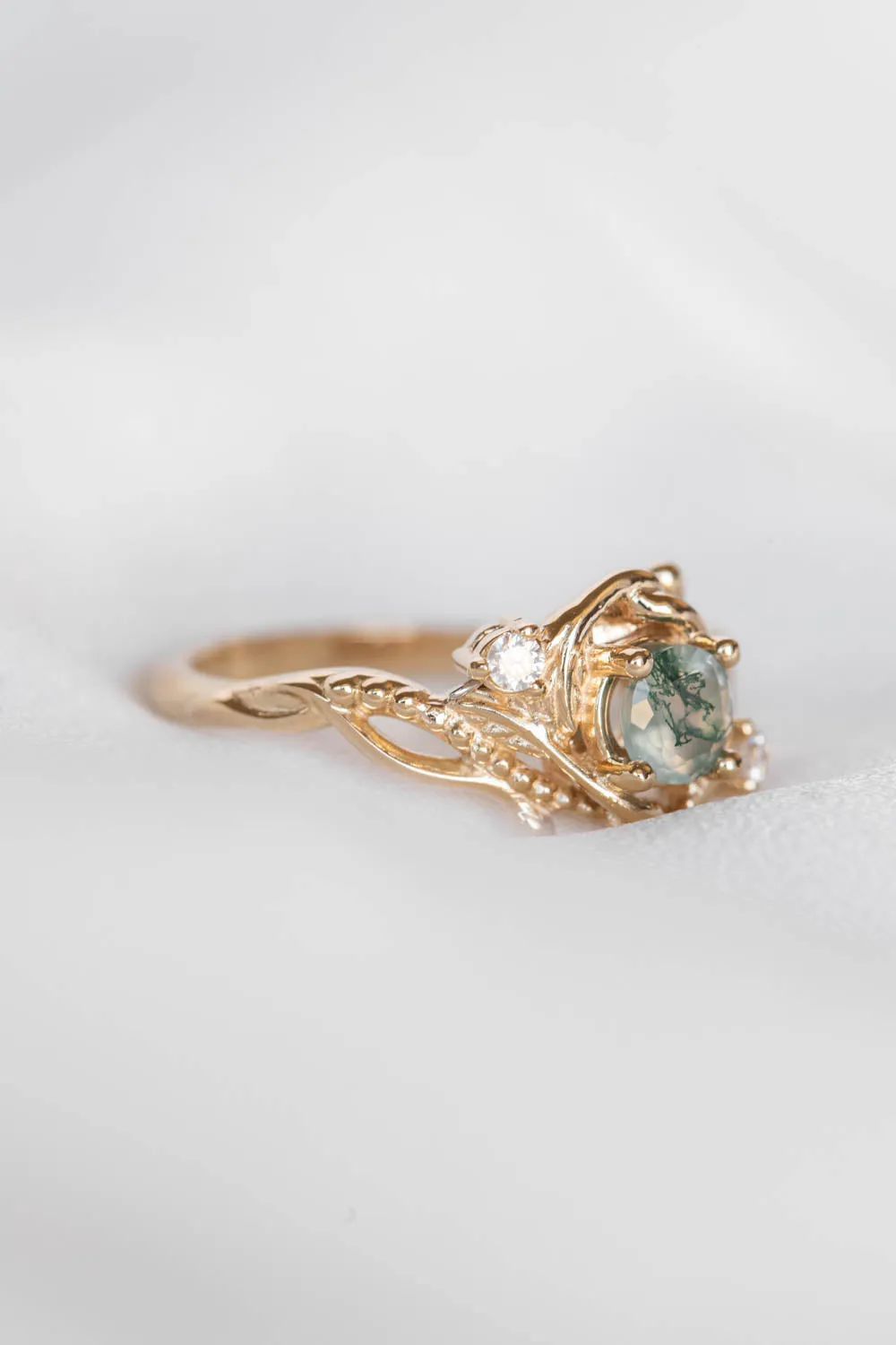 READY TO SHIP: Undina in 14K yellow gold, round moss agate 5 mm, moissanites, RING SIZE 7.25 US