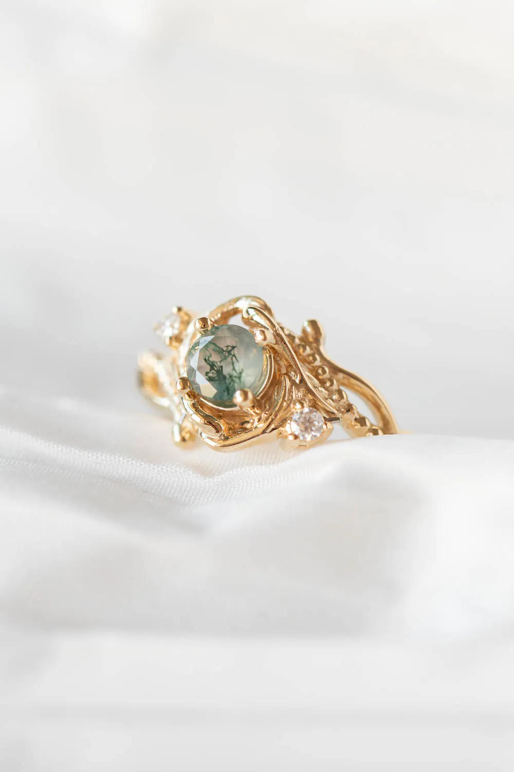 READY TO SHIP: Undina in 14K yellow gold, round moss agate 5 mm, moissanites, RING SIZE 7.25 US