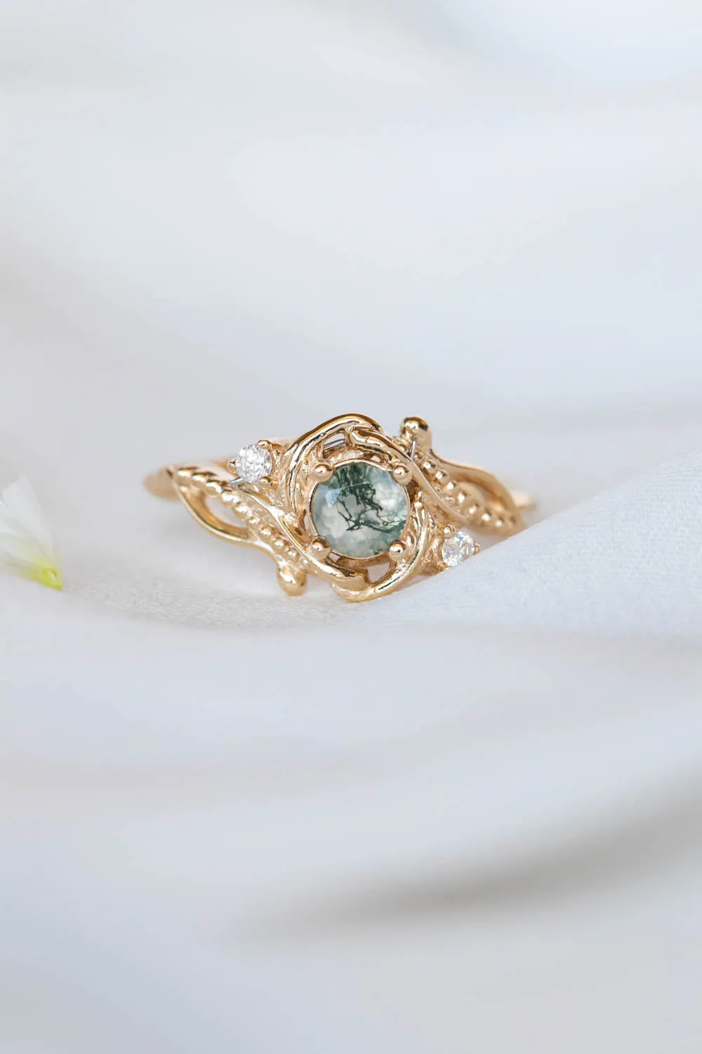 READY TO SHIP: Undina in 14K yellow gold, round moss agate 5 mm, moissanites, RING SIZE 7.25 US