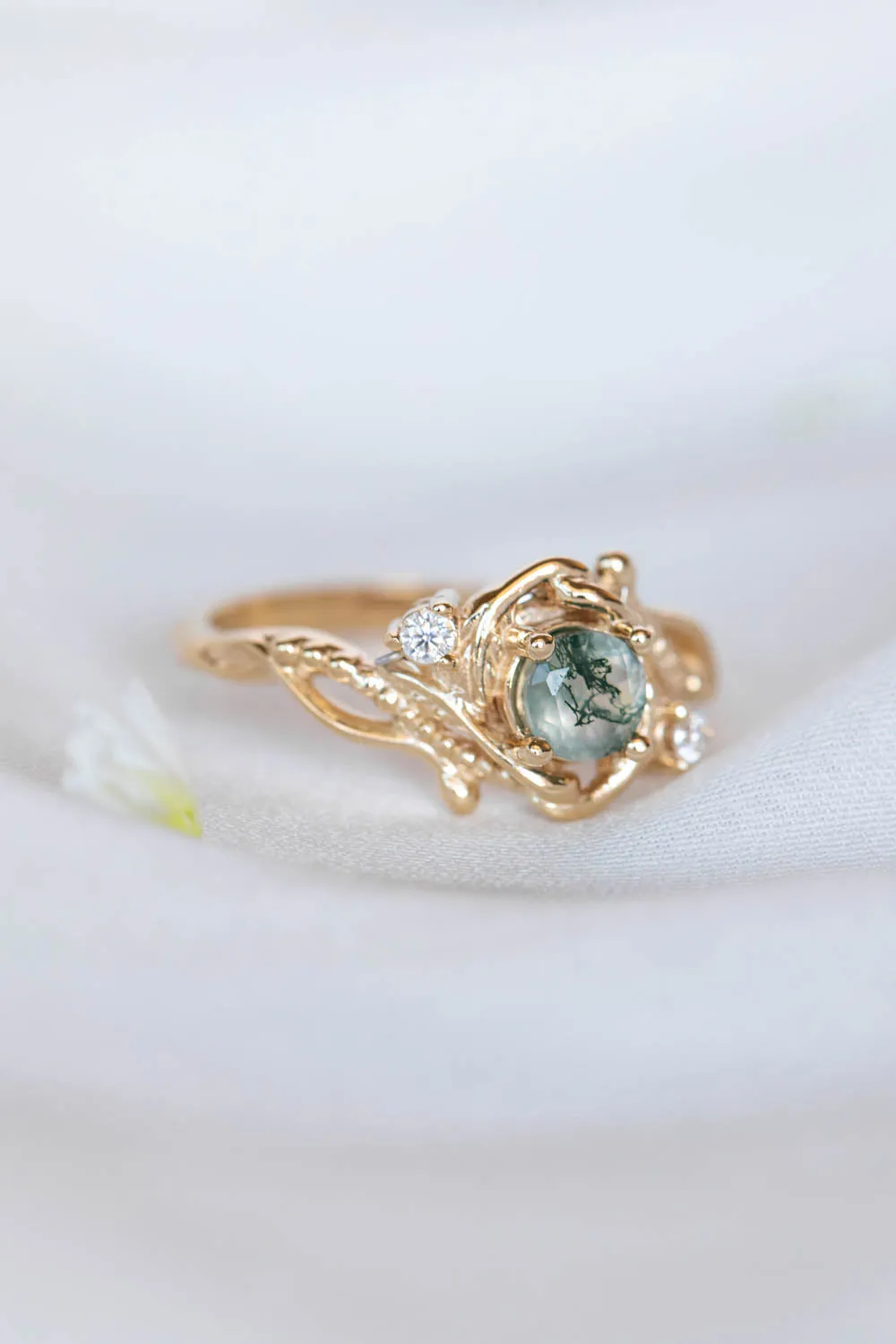 READY TO SHIP: Undina in 14K yellow gold, round moss agate 5 mm, moissanites, RING SIZE 7.25 US