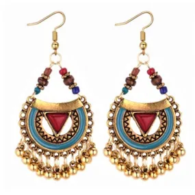 Red and Blue Enamel and Gold Boho Dangle Earrings