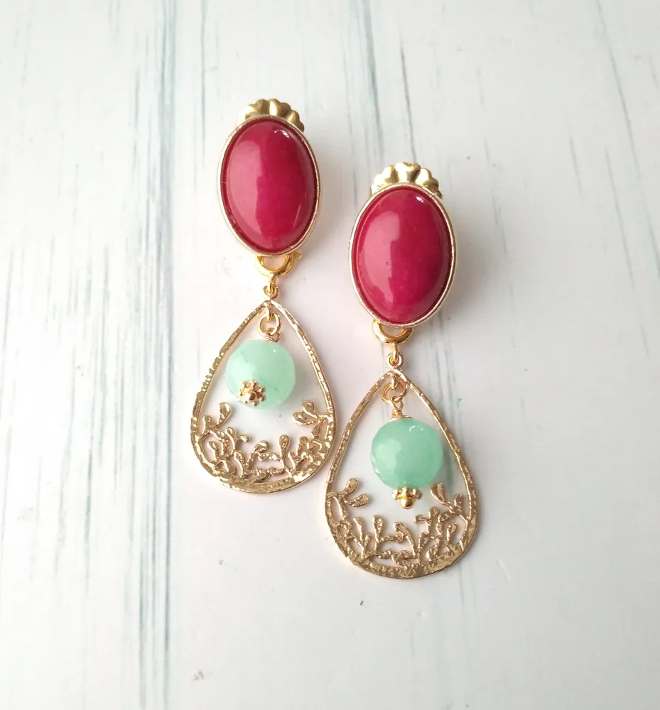 Red Jade Brass Studs with Mint Green Jade Filigree Dangles