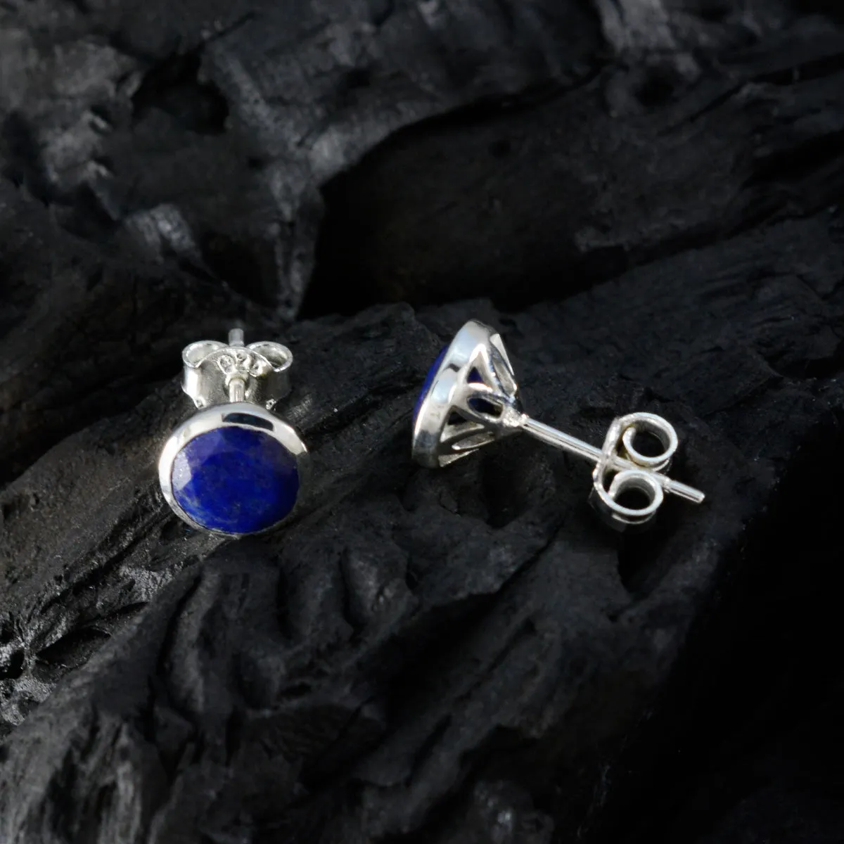 Riyo Appealing Sterling Silver Earring For Wife Lapis Lazuli Earring Bezel Setting Blue Earring Stud Earring