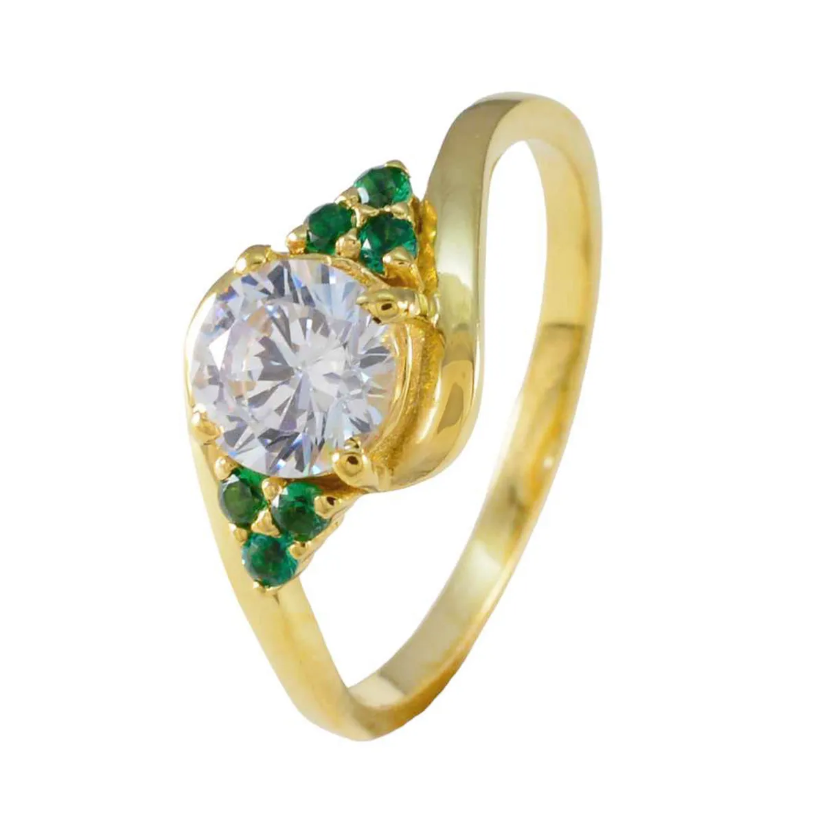 Riyo Custom Silver Ring With Yellow Gold Plating Emerald CZ Stone Round Shape Prong Setting Bridal Jewelry Graduation Ring