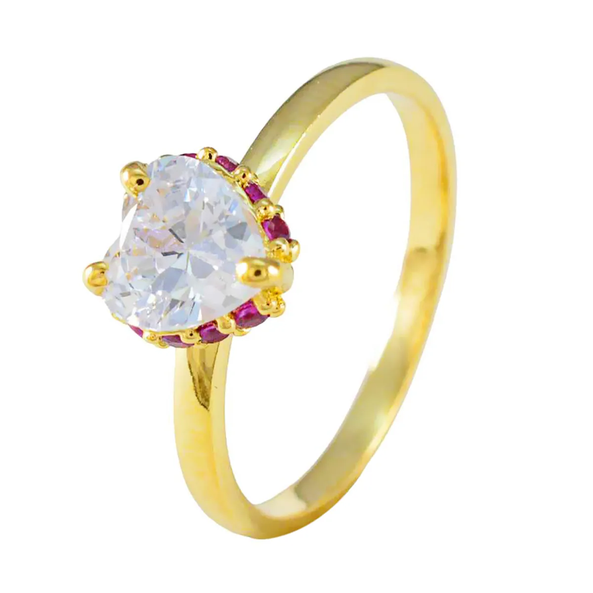 Riyo Custom Silver Ring With Yellow Gold Plating Ruby CZ Stone Heart Shape Prong Setting Designer Jewelry