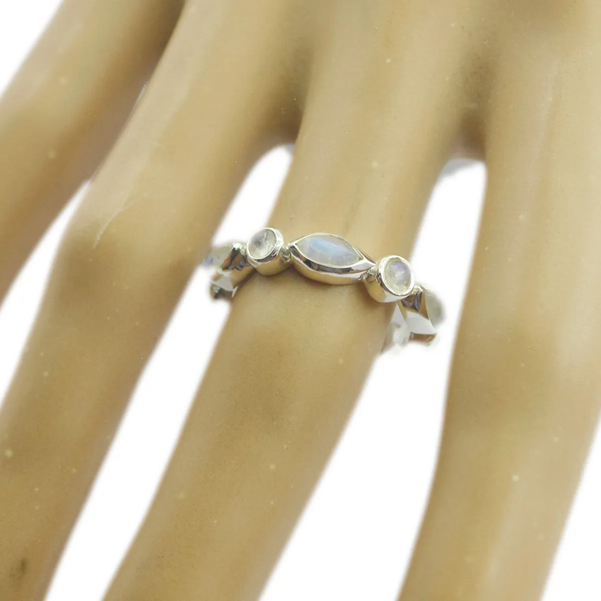 Riyo Cute Stone Rainbow Moonstone Sterling Silver Rings Hammered