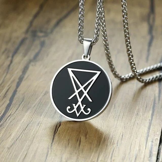 Round Steel Pendant with Leviathan Cross Enamel Inlay Necklace