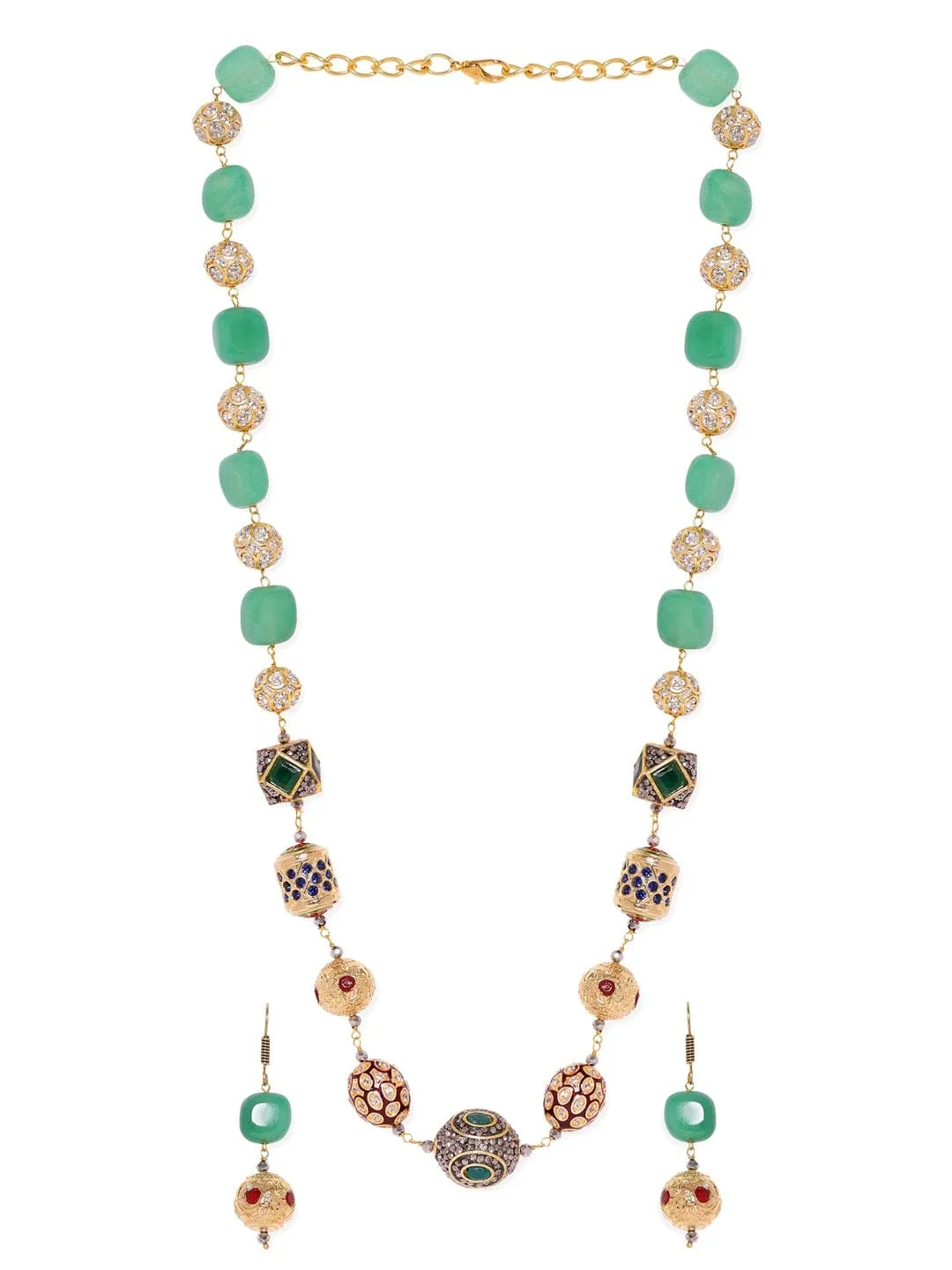 Rubans 22K Gold plated Semi precious Gem Green Aventurine Beaded Zirconia studded Victorian Statement Necklace Set