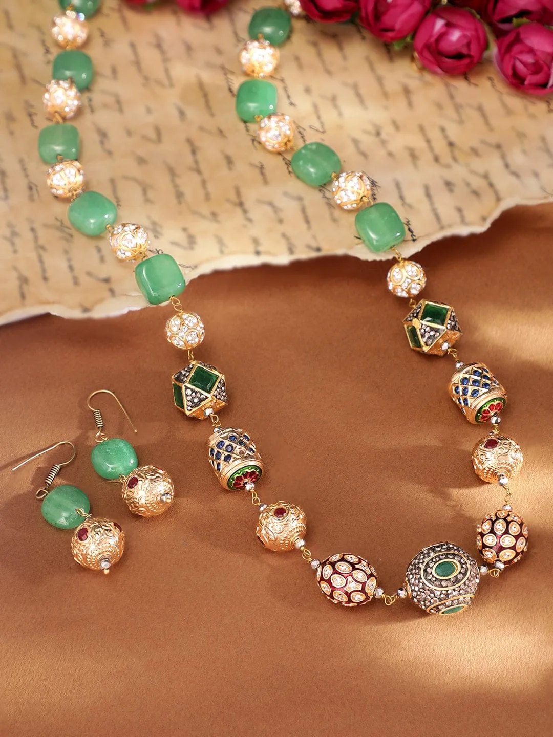 Rubans 22K Gold plated Semi precious Gem Green Aventurine Beaded Zirconia studded Victorian Statement Necklace Set