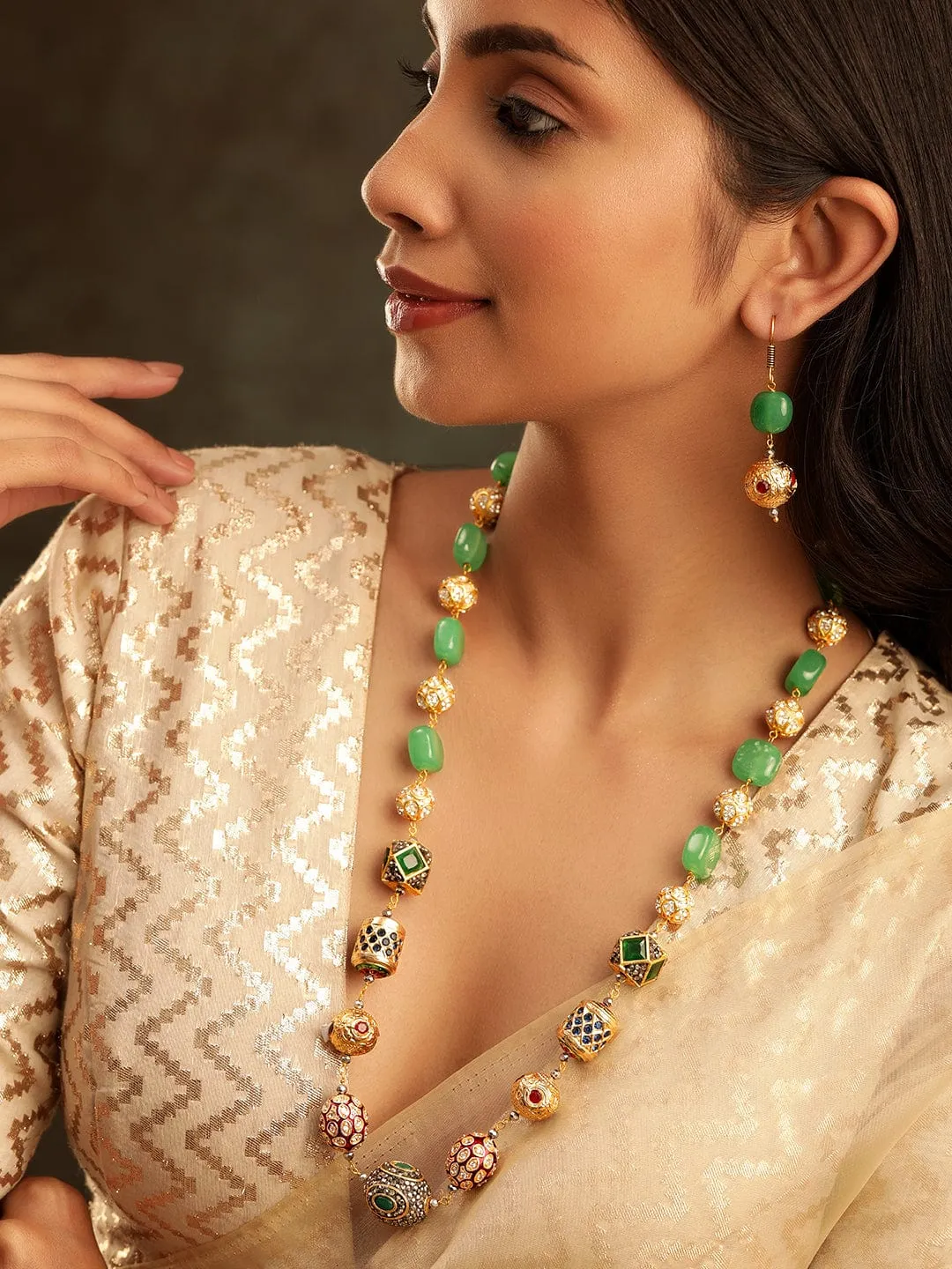 Rubans 22K Gold plated Semi precious Gem Green Aventurine Beaded Zirconia studded Victorian Statement Necklace Set