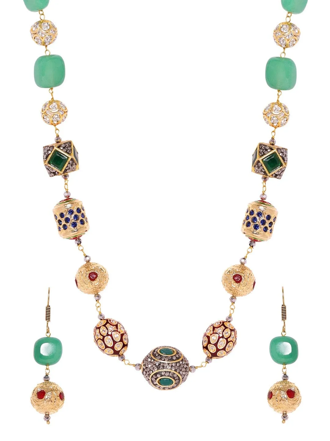 Rubans 22K Gold plated Semi precious Gem Green Aventurine Beaded Zirconia studded Victorian Statement Necklace Set