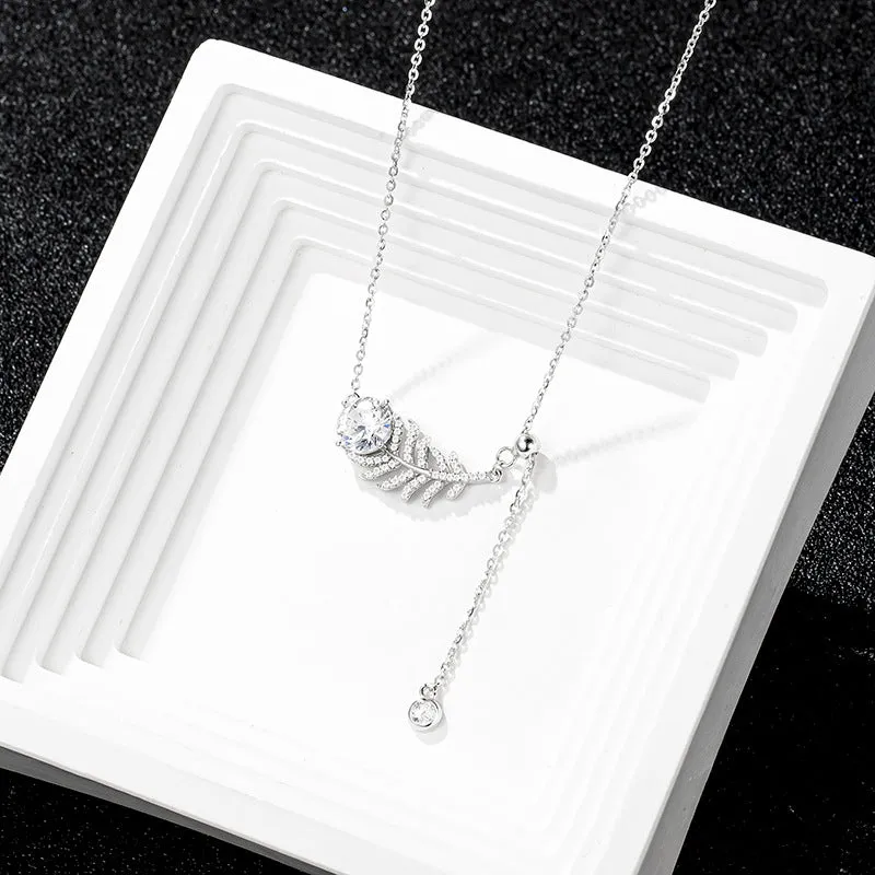 S925 Sterling Silver CZ Diamond Feather Decor & Teardrop Necklace