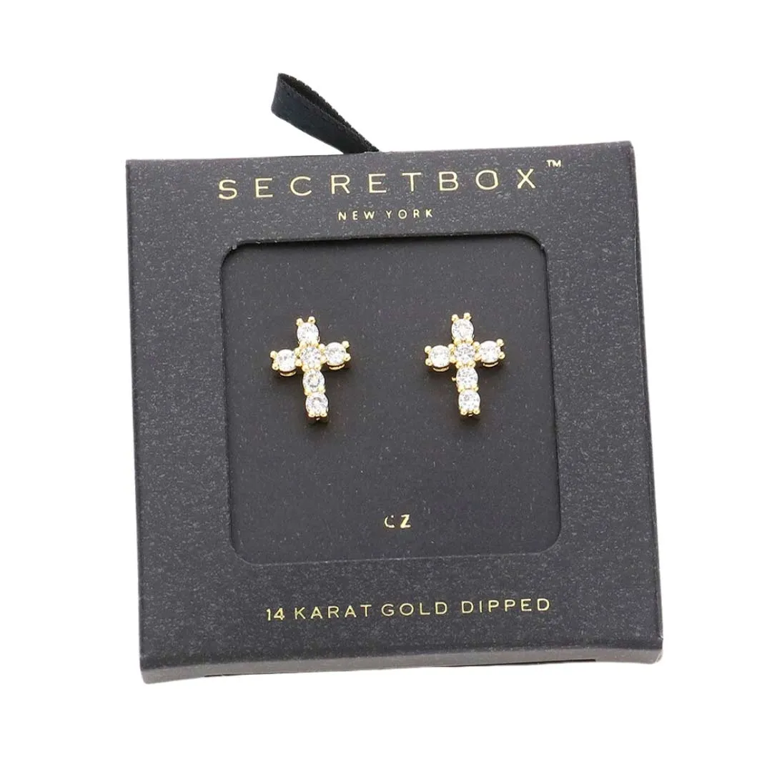 Secret Box 14K Gold Dipped CZ Cross Stud Earrings