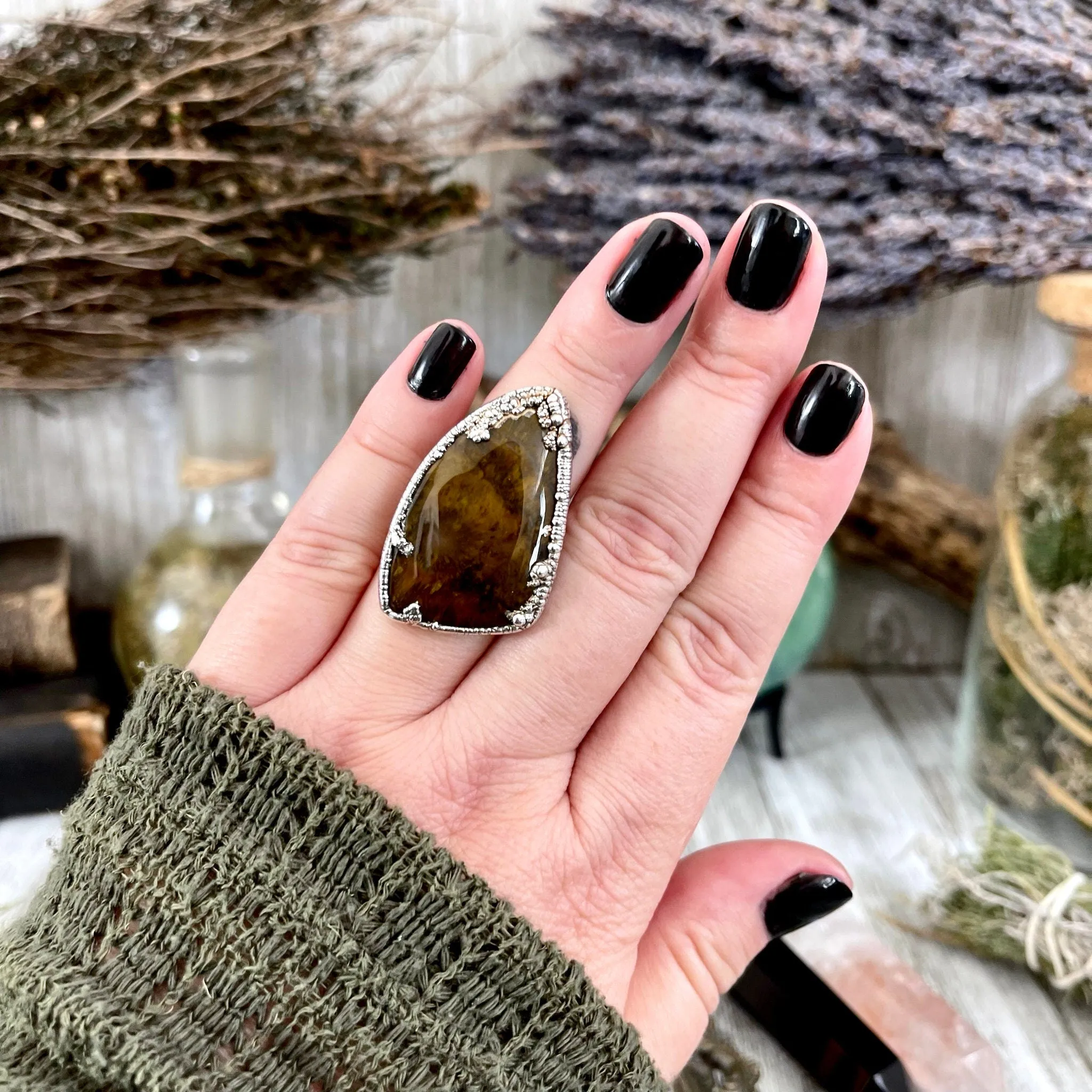 Size 7 Silver Natural Fancy Moss Agate Crystal Statement Ring / Foxlark Collection - One of a Kind