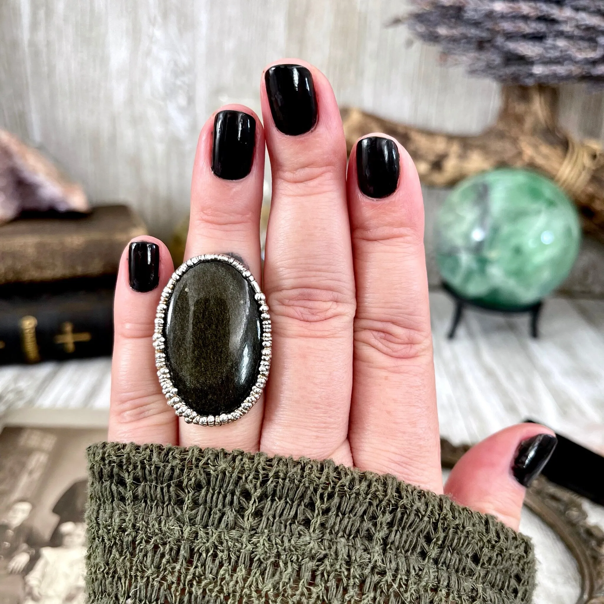 Size 7 Silver Sheen Obsidian Statement Ring in fine Silver / Foxlark Collection - One of a Kind