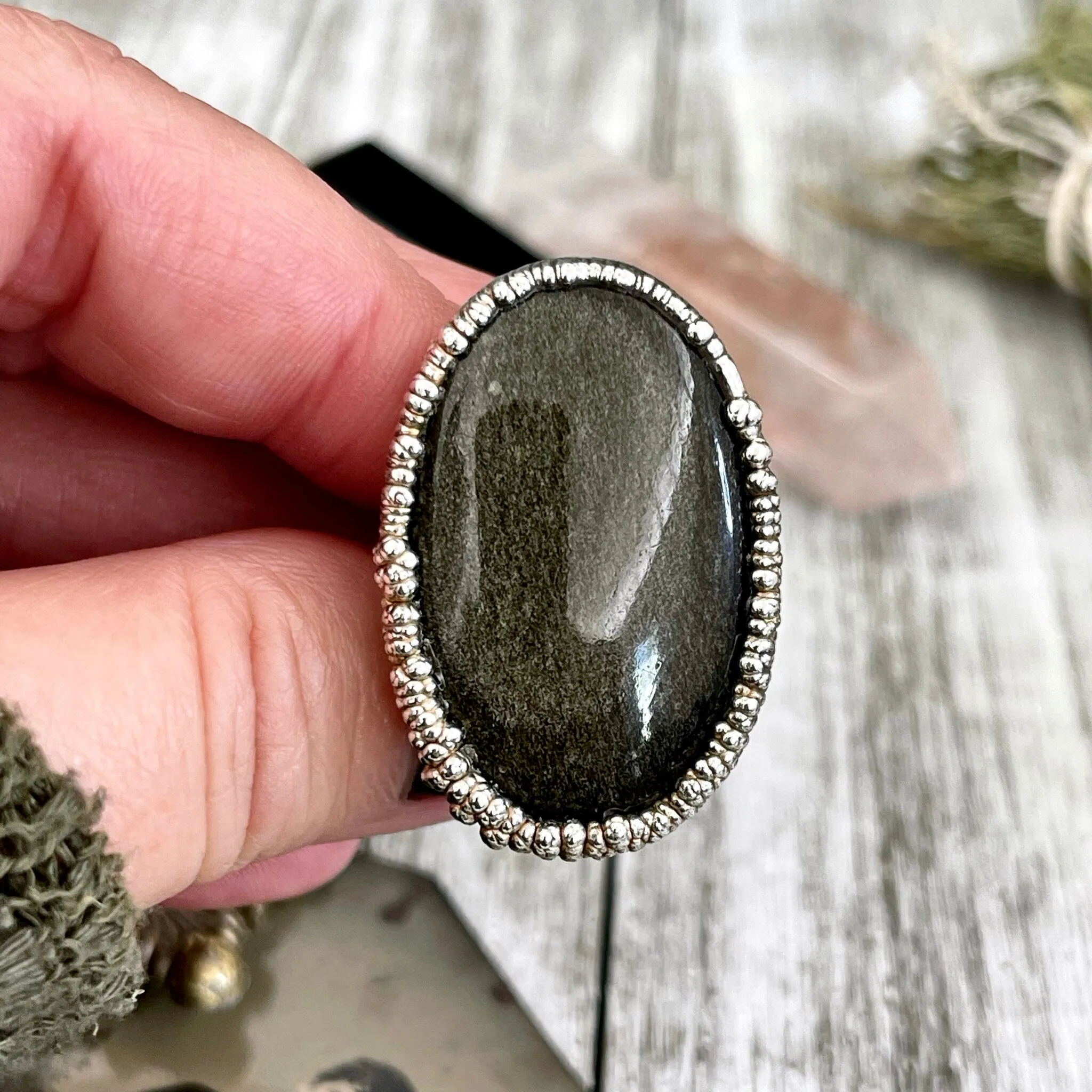 Size 7 Silver Sheen Obsidian Statement Ring in fine Silver / Foxlark Collection - One of a Kind