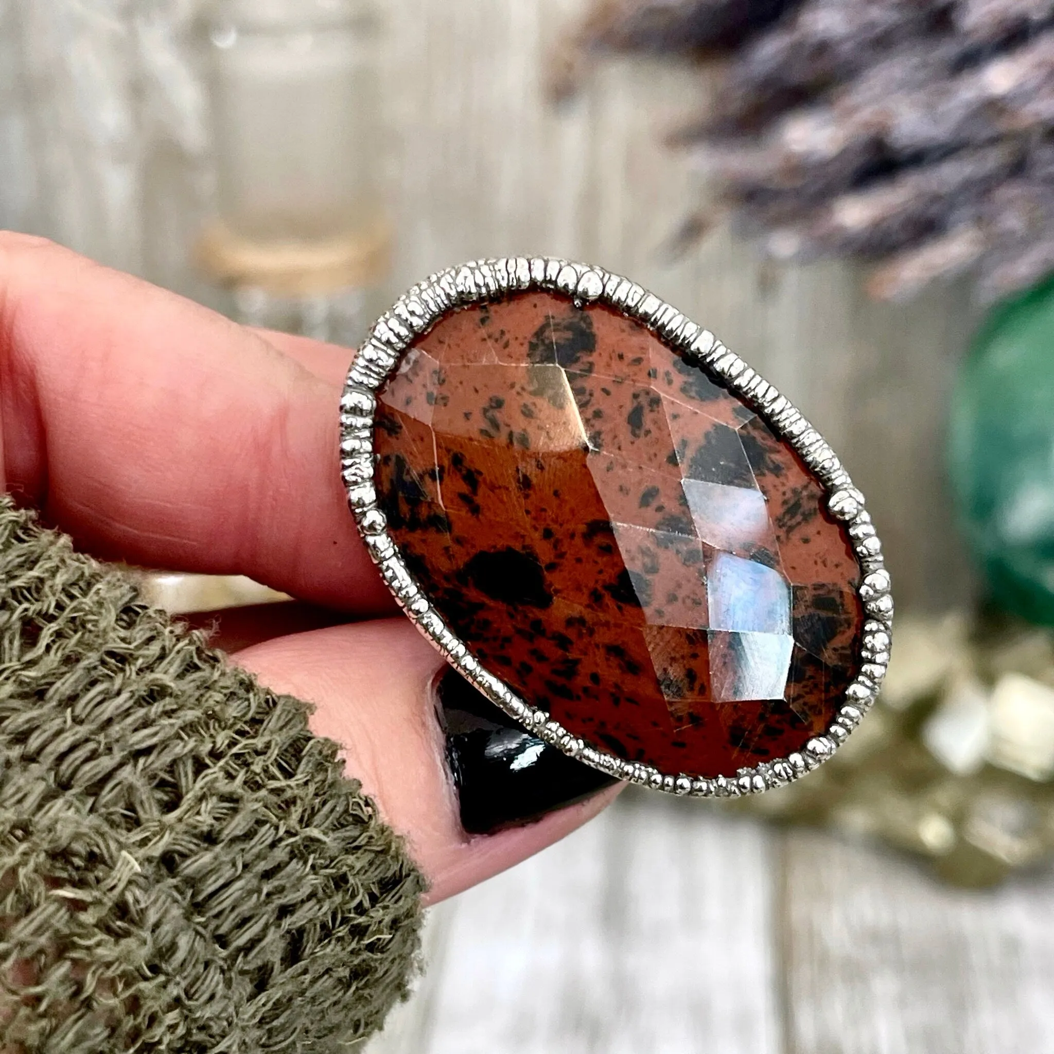 Size 7.5 Big Mahogany Obsidian Statement Ring in Fine Silver / Foxlark Collection - One of a Kind