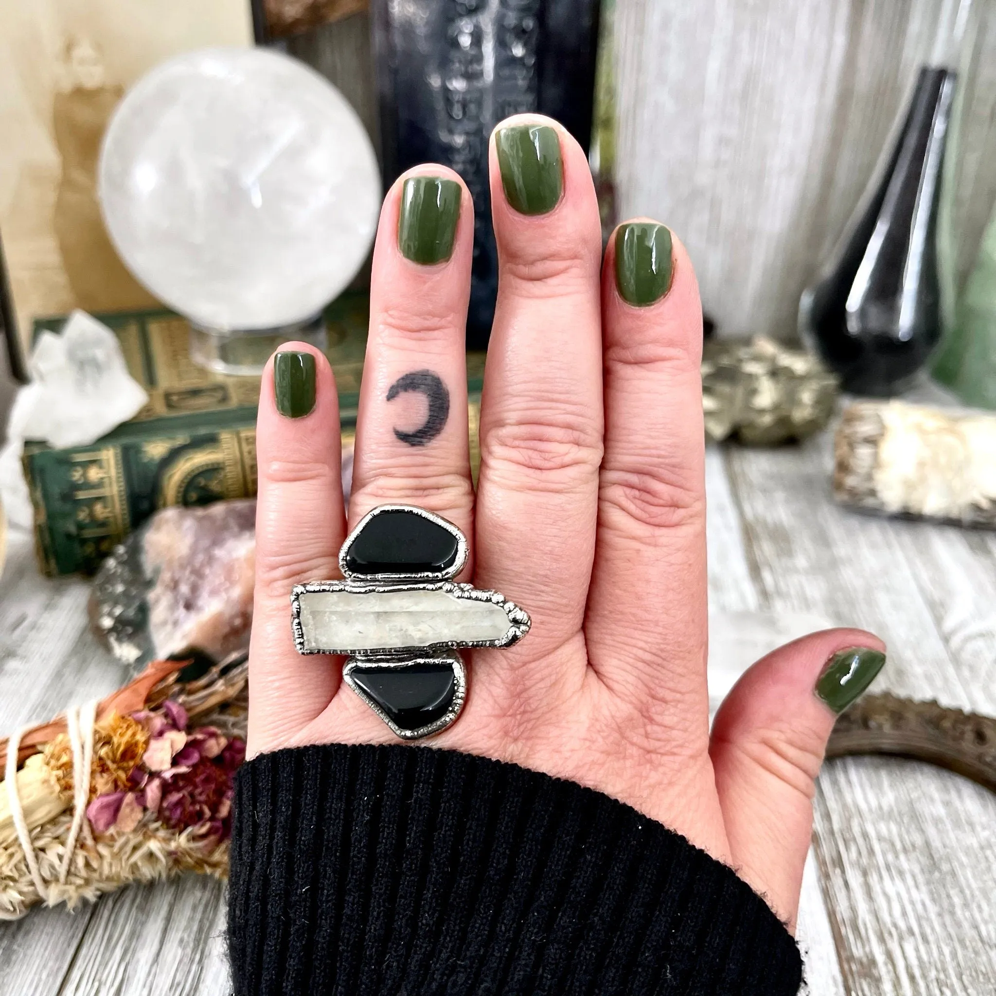 Size 8 Crystal Ring - Three Stone Black Onyx Clear Quartz Ring in Silver / Foxlark Collection - One of a Kind