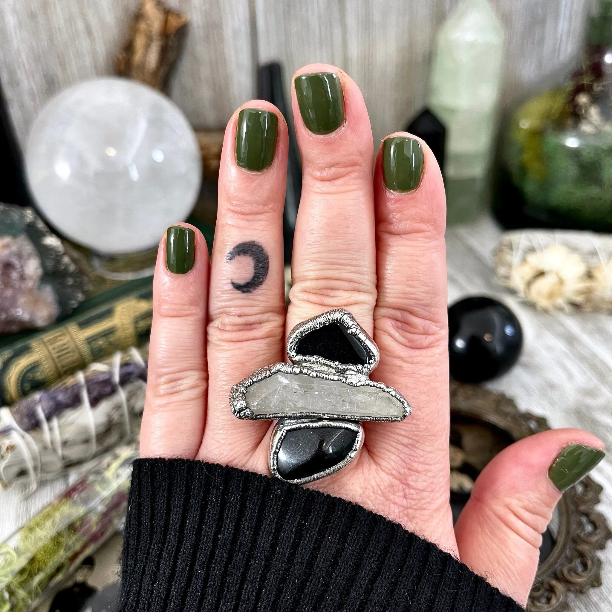 Size 8.5 Crystal Ring - Three Stone Ring Black Onyx Raw Clear Quartz  Silver Ring / Foxlark Collection - One of a Kind