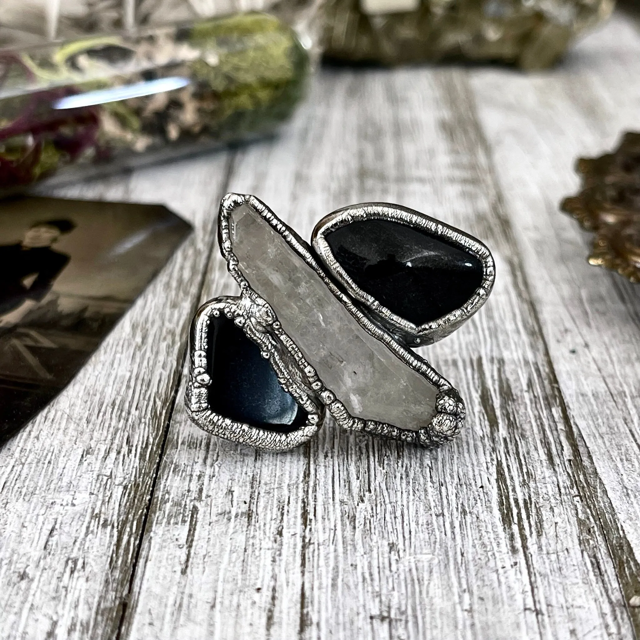 Size 8.5 Crystal Ring - Three Stone Ring Black Onyx Raw Clear Quartz  Silver Ring / Foxlark Collection - One of a Kind