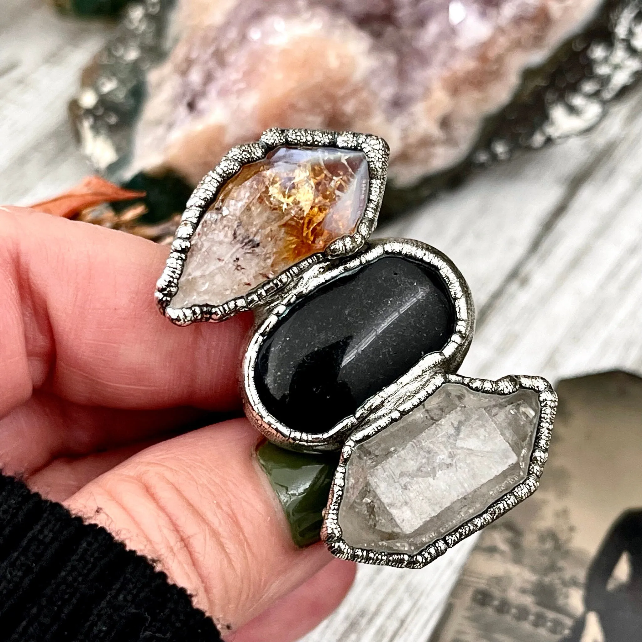 Size 9 Crystal Ring - Three Stone Black Onyx Yellow Citrine & Quartz Silver Ring / Foxlark Collection - One of a Kind