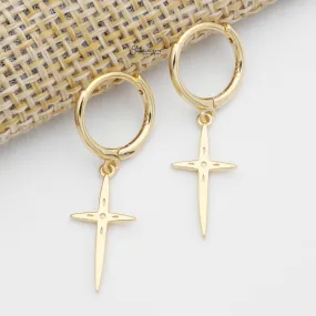 Sterling Silver Cross Charm Huggie Hoop Earrings - Gold