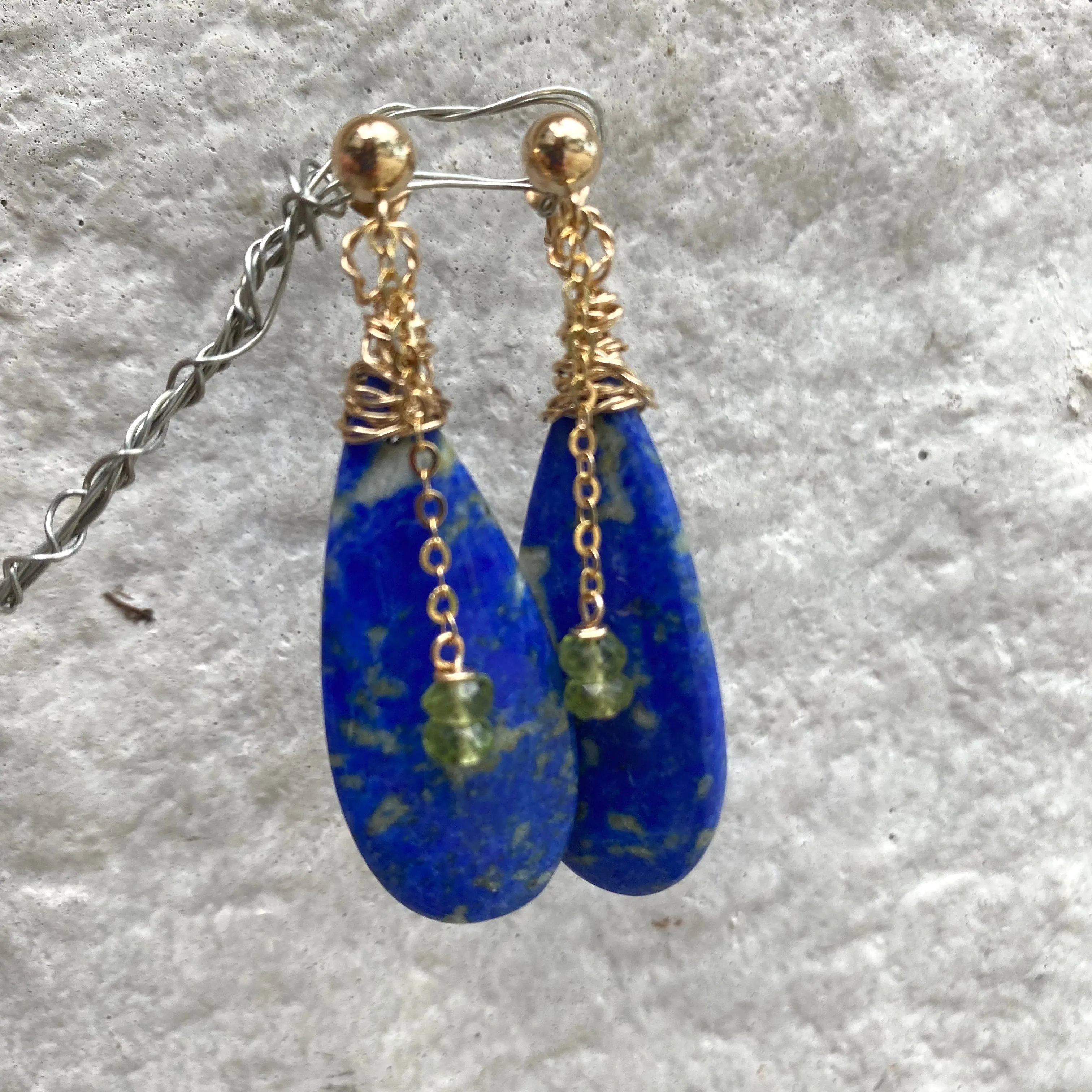 Teardrop Lapis Lazuli and Peridot Earrings, Gold Filled, OOAK Jewelry