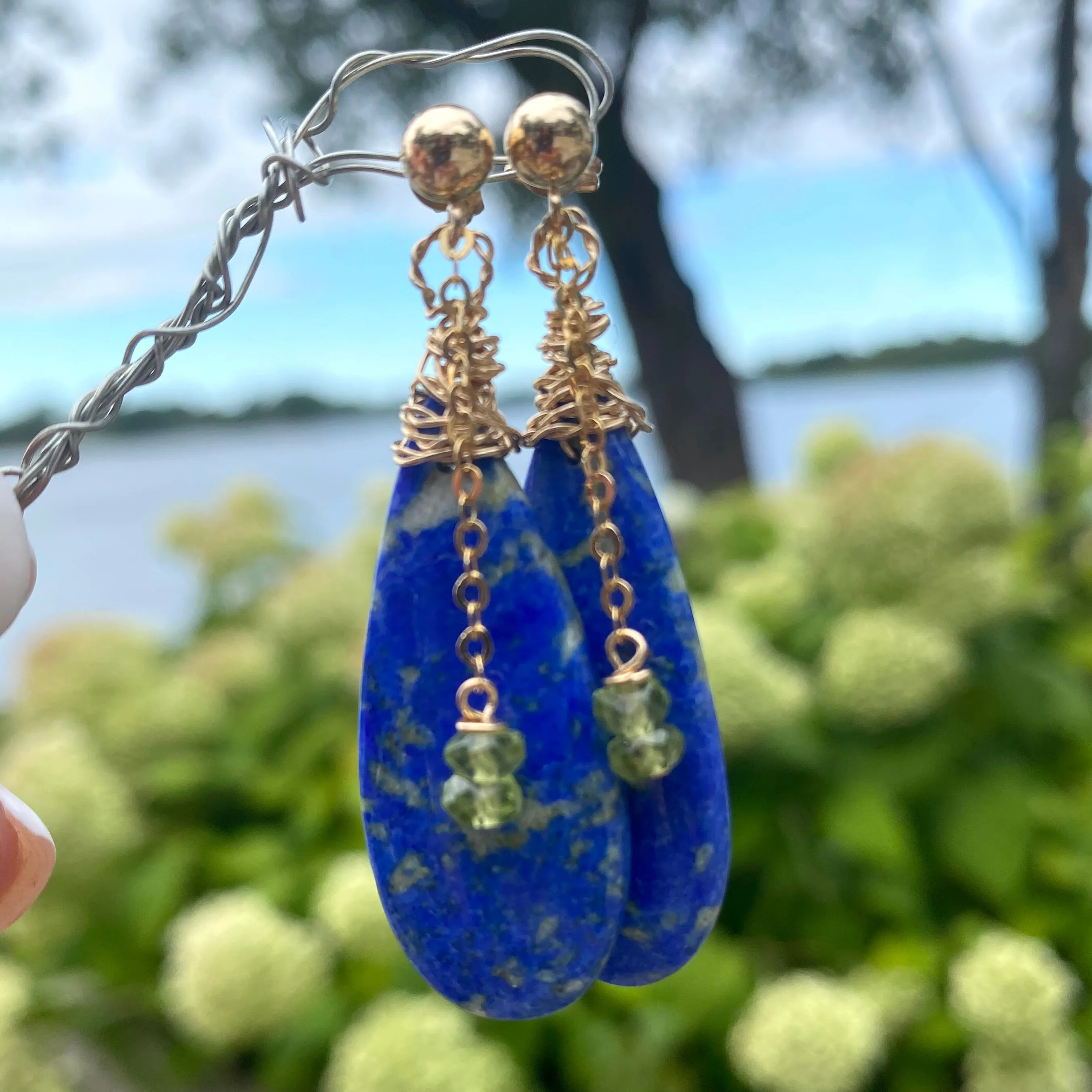 Teardrop Lapis Lazuli and Peridot Earrings, Gold Filled, OOAK Jewelry