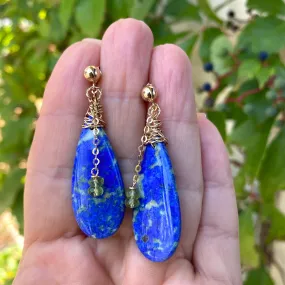 Teardrop Lapis Lazuli and Peridot Earrings, Gold Filled, OOAK Jewelry