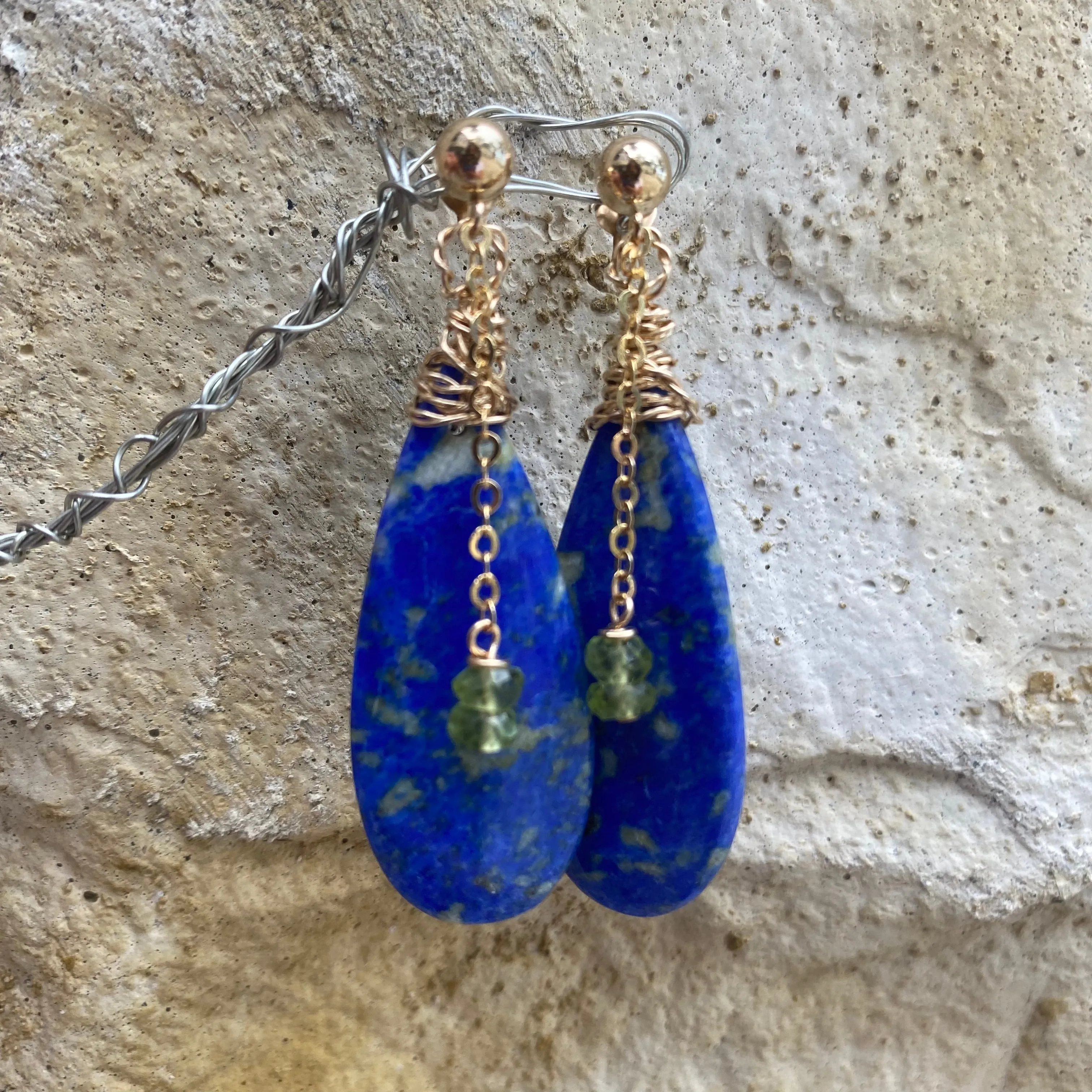 Teardrop Lapis Lazuli and Peridot Earrings, Gold Filled, OOAK Jewelry