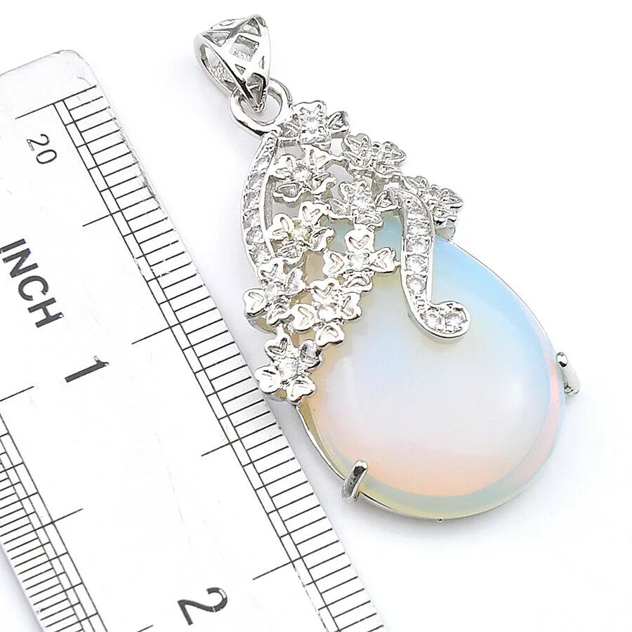 Teardrop Shape Rainbow Fire Moonstone CZ Pendant Necklace