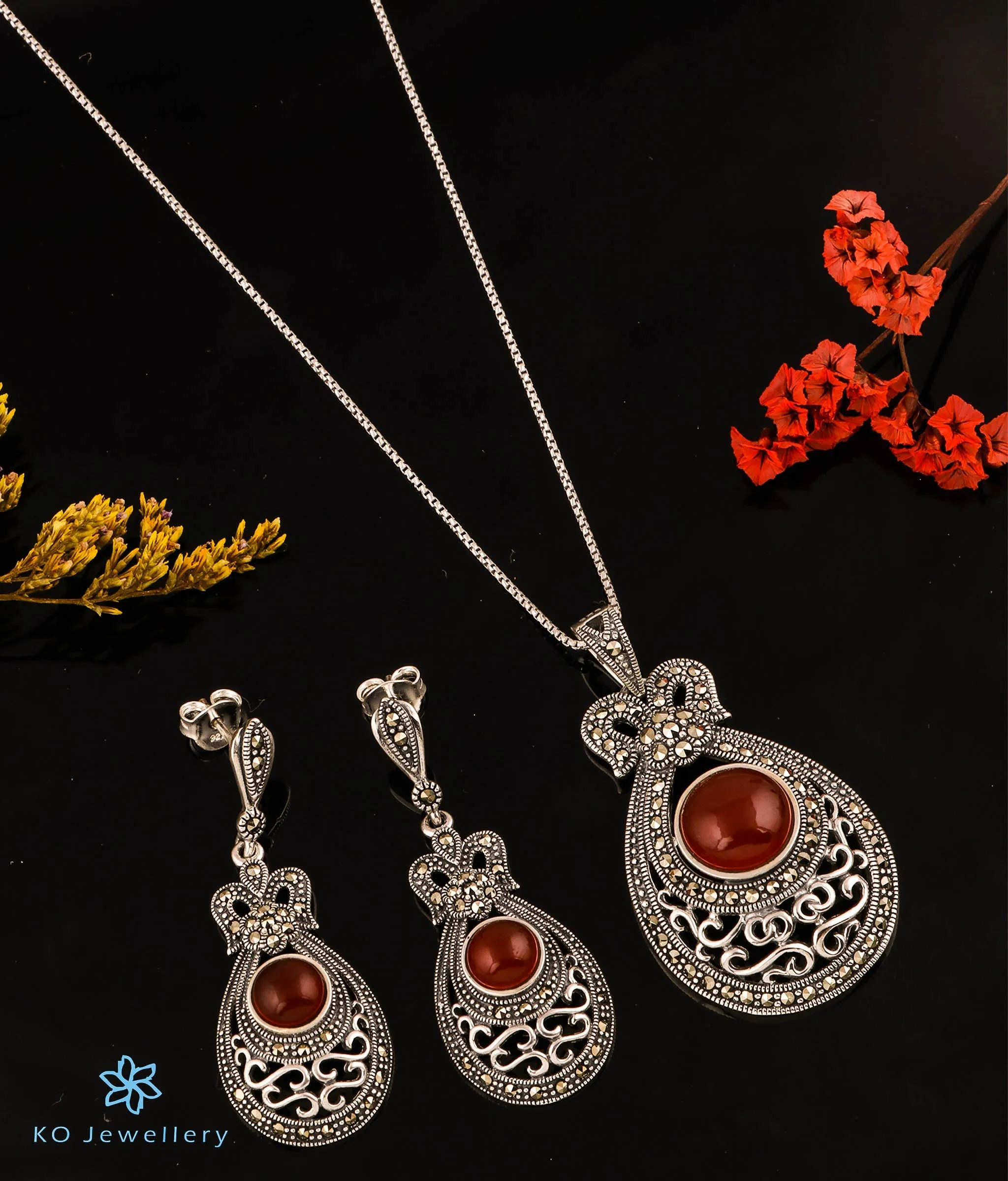 The Princess Silver Marcasite Pendant Set