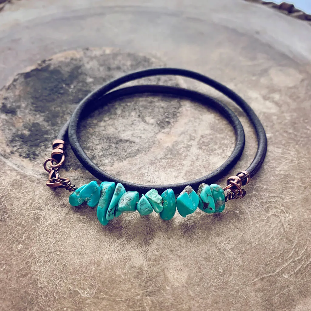 turquoise chip // unisex leather wrap bracelet - choker