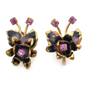 【USA輸入】ヴィンテージ オーストリア ブラック ピンク フラワー イヤリング/Vintage AUSTRIA Black Pink Flower Screw Back Earrings