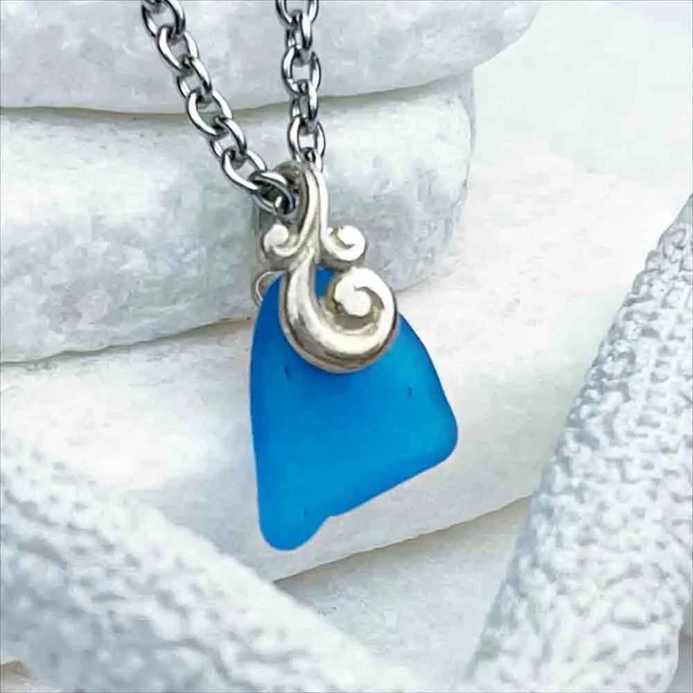 Vibrant Turquoise Sea Glass Pendant with Sterling Silver Ocean Waves Bail|#1714