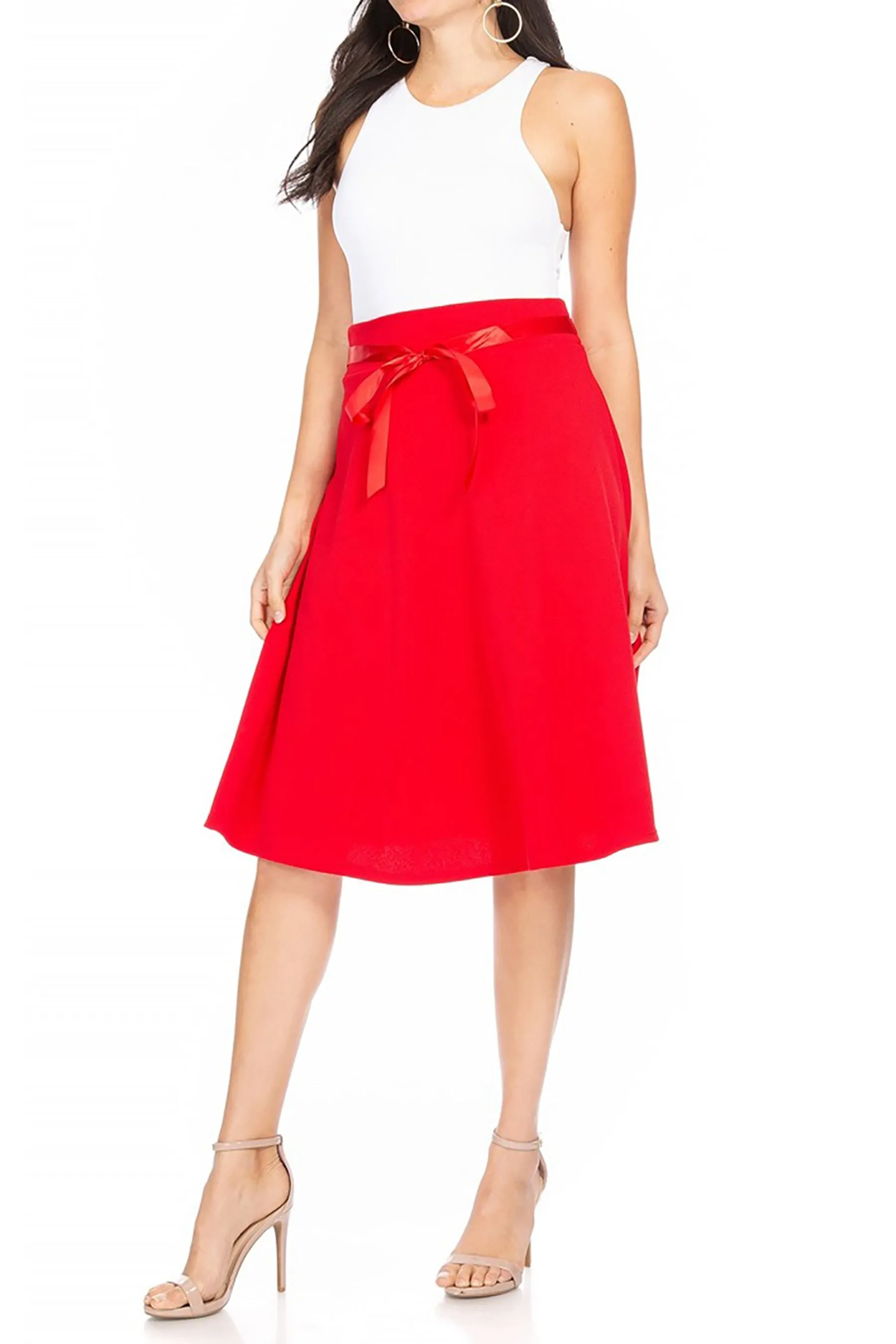 Women's Elegant Solid A-Line Midi Skirt with High Waist and Satin Tie Belt