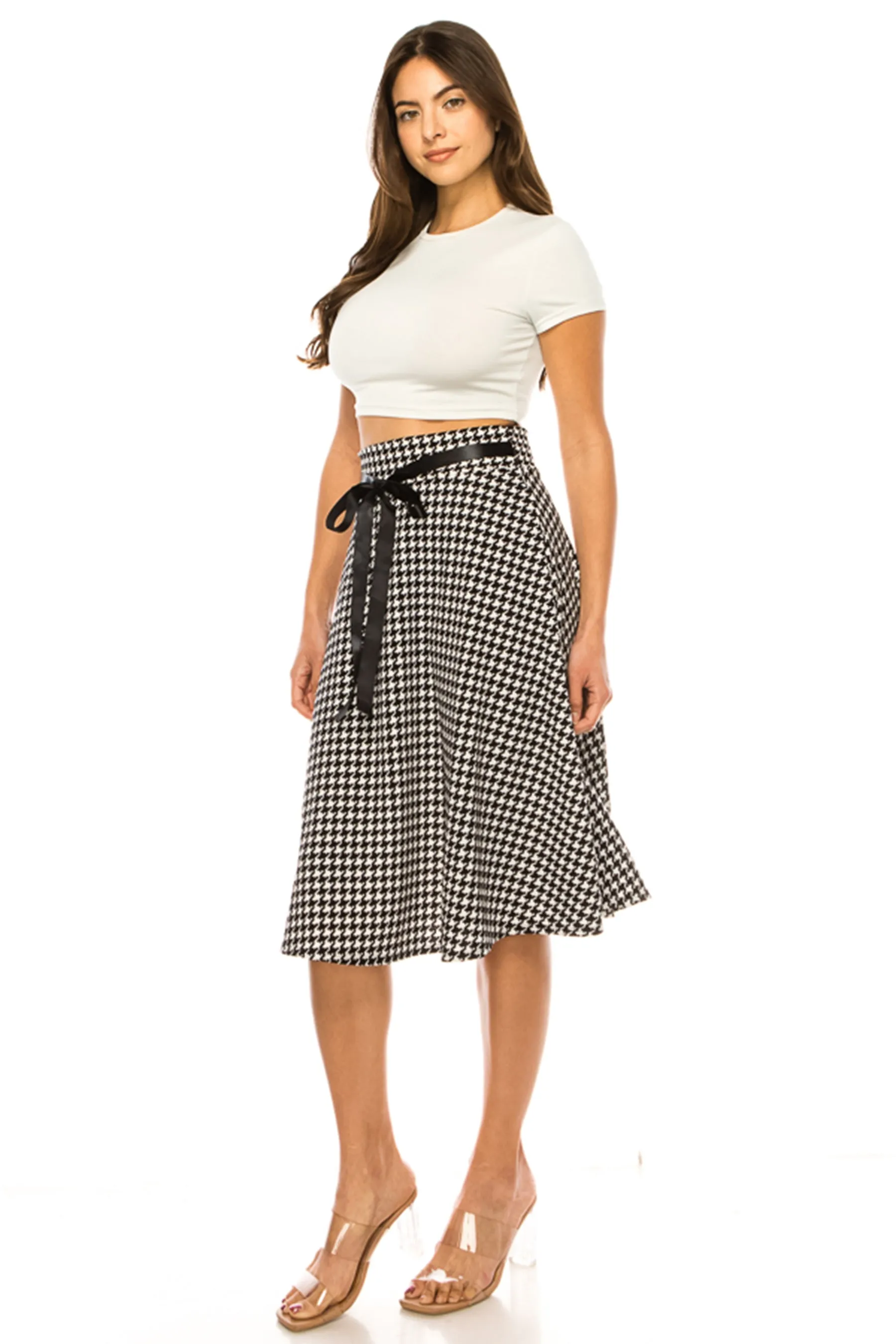 Women's Elegant Solid A-Line Midi Skirt with High Waist and Satin Tie Belt