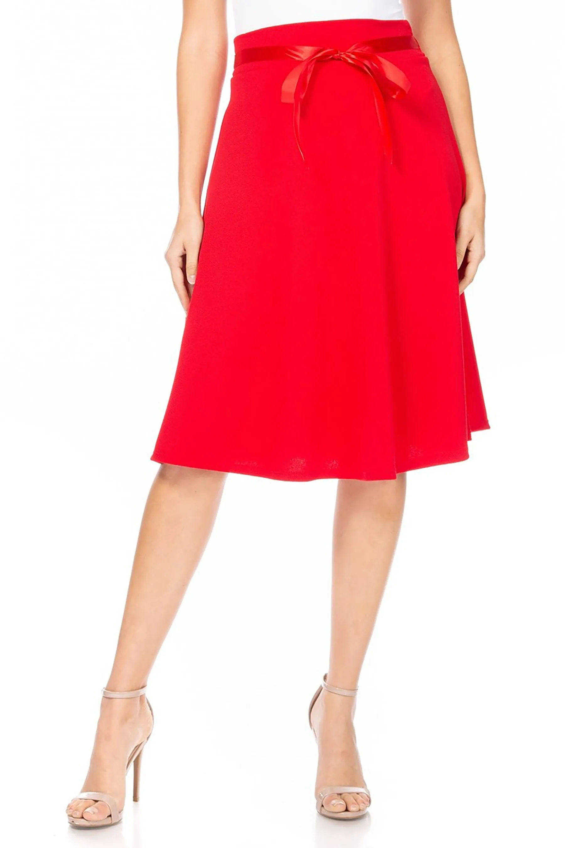 Women's Elegant Solid A-Line Midi Skirt with High Waist and Satin Tie Belt